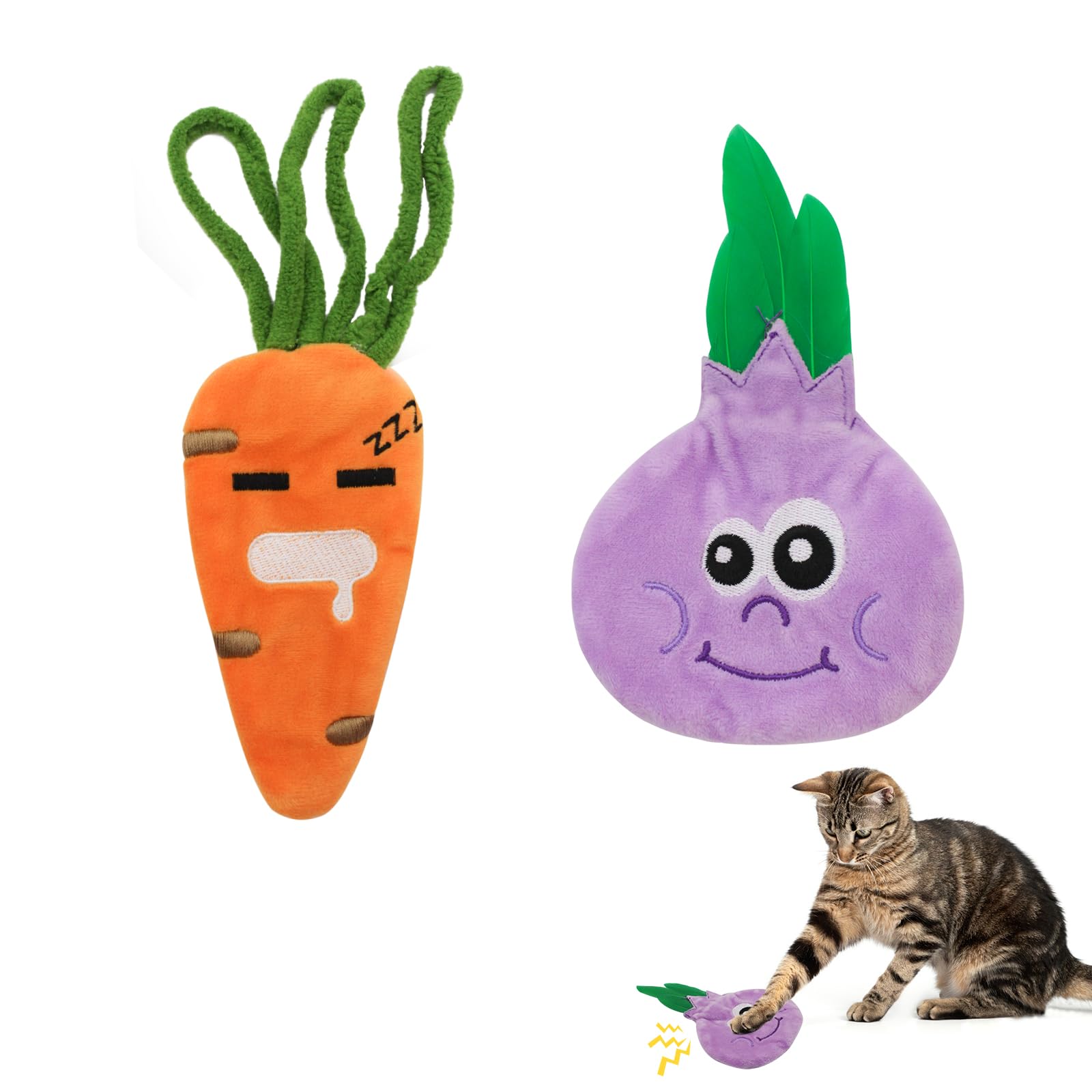 Andiker 2Pcs Cat Plush Toys, Cute Carrot&Onion Shape Catnip Toys& Cat Crinkle Toys Double Sturdy Sound Paper inside to Make Sound When Chew and Bite Cat Toys for Indoor Cats Kitten (Onion + Carrot)