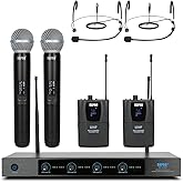 SGPRO 4-Channel Wireless Microphone System - 250Ft Range, Metal Mics & Receiver, Fixed Frequency, 2 Handheld & 2 Headset Configurations for Events & Live Performances (SG-400FHB)