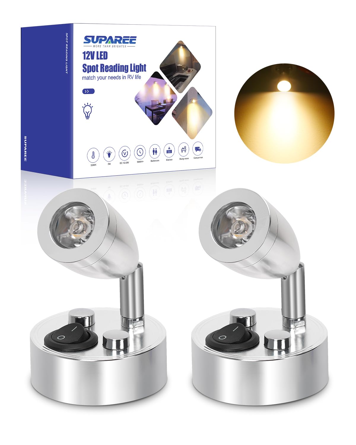 SUPAREE 12v LED Spot Reading Light Adjustable Switch Warm Light for Camper Van Caravan Boat Interior Led Light (A-ON/Off Switch)