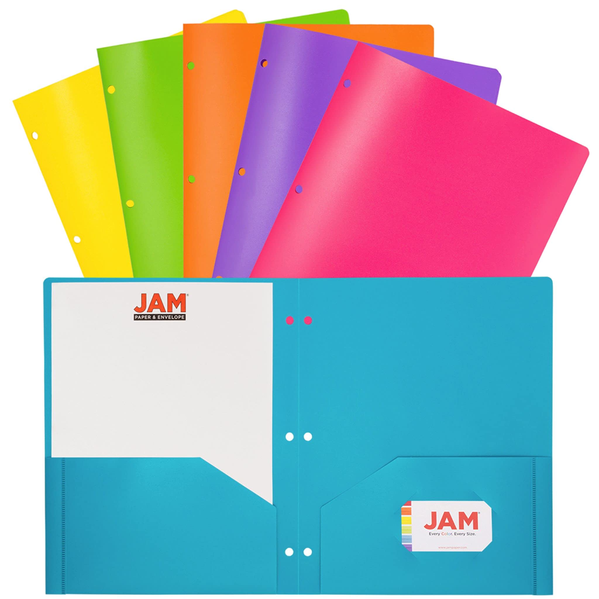JAM PAPER Plastic 2 Pocket School POP Folders with 3 Hole Punch - Assorted Fashion Colours - 6/Pack