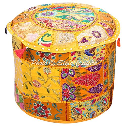 Stylo Culture Indian Vintage Pouf Ottoman Foot Stool Cover Round Patchwork Embroidered Pouffe Ottoman Cover Yellow Cotton Floral Traditional Furniture Footstool Seat Puff Cover (22x22x14)
