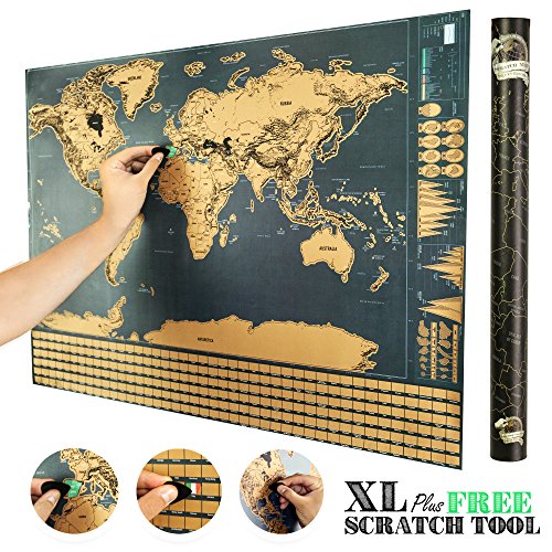 Scratch Off World Map | US States Outlines & Flags | Travel Tracker for Memories | FREE Scratch Tool | XL Size For Walls | Incredible Detail Poster | Gold Deluxe Premium Edition | 100% Guarantee