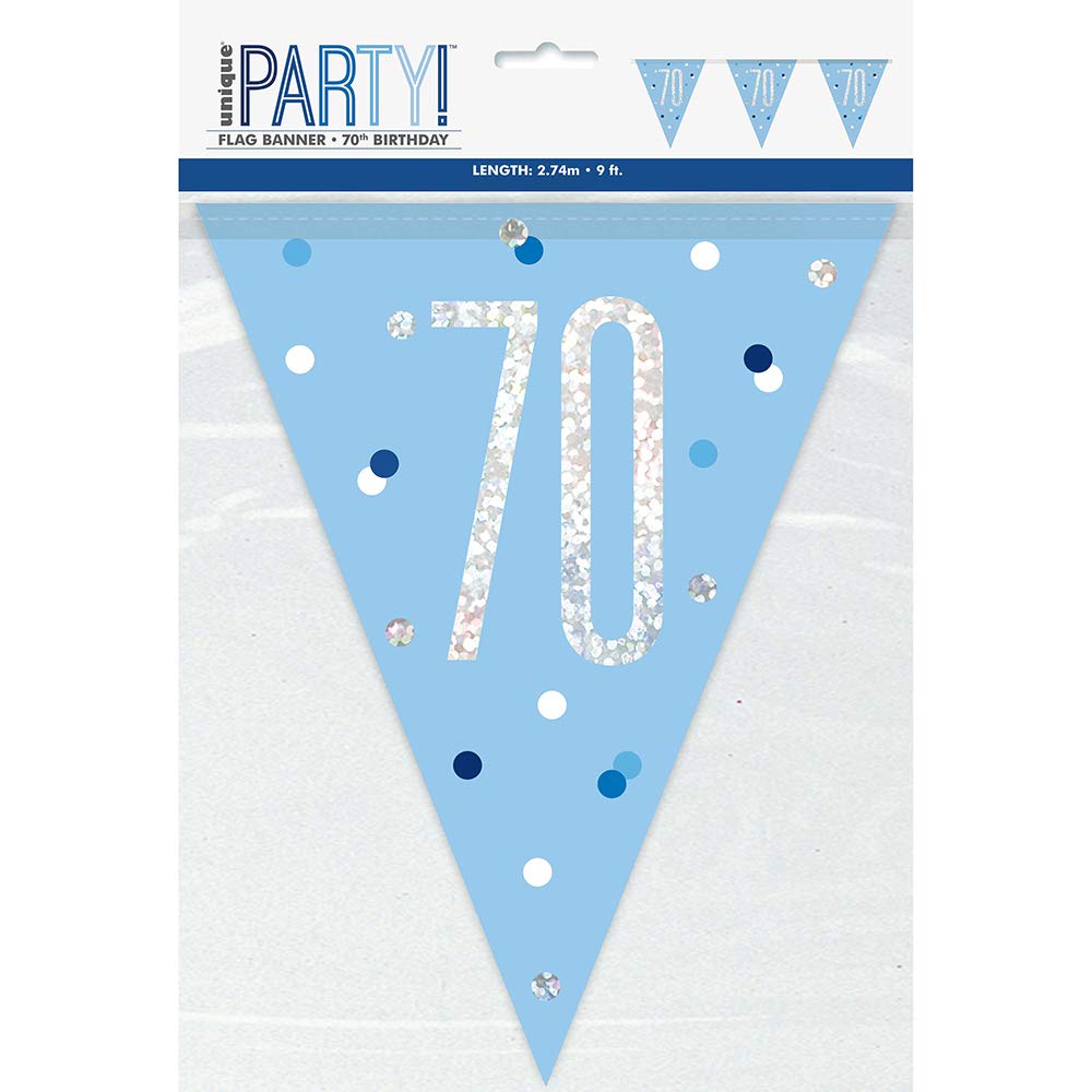 Unique Party 83443-9ft Glitz Blue & Silver 70th Birthday Bunting Banner