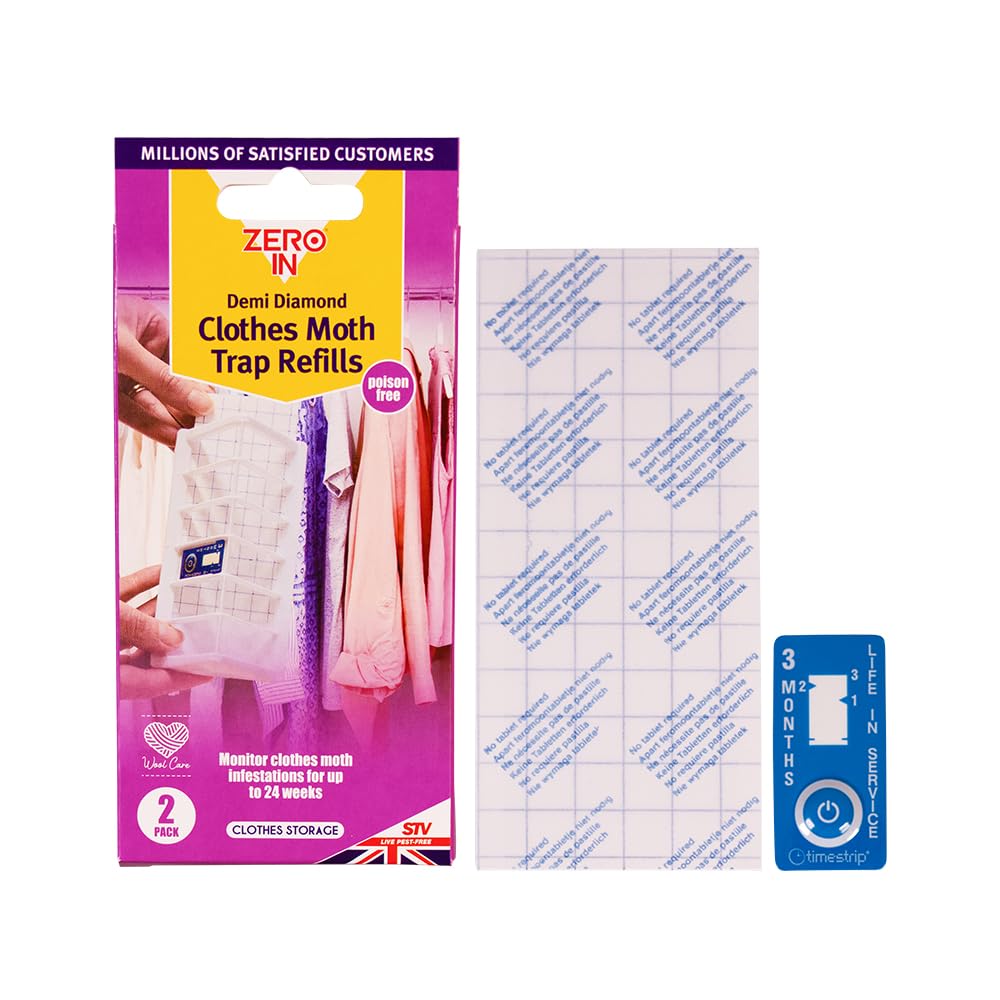 Zero In Demi-Diamond Clothes Moth Trap Refill Pads 2 Pack – Pheromone Glue Boards & Lifetime Indicator – Monitors Clothes Moth Infestations Up to 24 Weeks – Poison-Free Wardrobe & Drawer Protection
