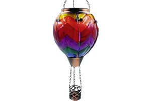 TEYIGARDEN Glass Solar Hot Air Balloon Lantern with Flame Hanging Garden Flickering Light Outdoor Waterproof for Yard Patio T