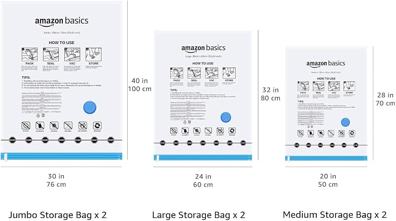 Vakuumkompressions-Aufbewahrungsbeutel mit Handpumpe, Reißverschluss, 6er-Pack (2 x Jumbogröße, 2 x Größe L, 2 x Größe M), Mehrere, Farblos, Transparent