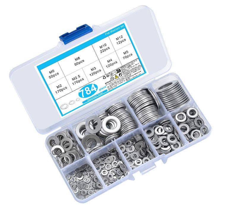 Newoutset 784 Pcs Flat Washer, Stainless Steel Lock Washer Spacers, Assorted Metal Washers Assortment for Home Decoration, Factories Repair Construction - M2/M2.5/M3/M4/M5/M6/M8/M10/M12