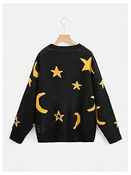 WDIRARA Women's Star Moon Print Long Sleeve Sweater