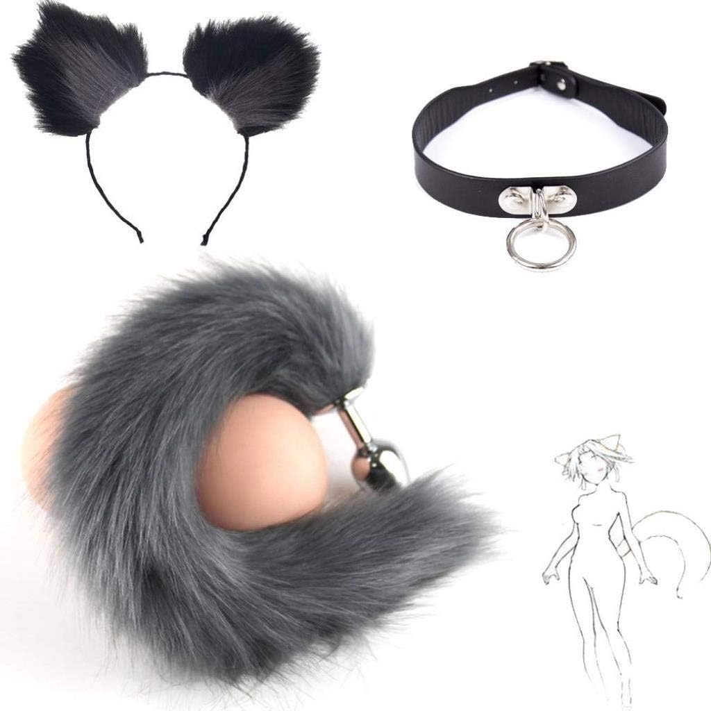 Jjek Cos- Lace Collar, Grey Fluffy B-ütt P-l-ǔ-g Fox Tail Plush and cat Ears Anime Set for Women Glamour Female Masquerade Props 3pcs Set (Color : Black+Grey#2, Size : S)