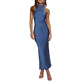 Phicia Sexy Satin Halter Neck Backless Maxi Dress for Women Elegant Tie Cowl Back Formal Wedding Guest Dress for Summer