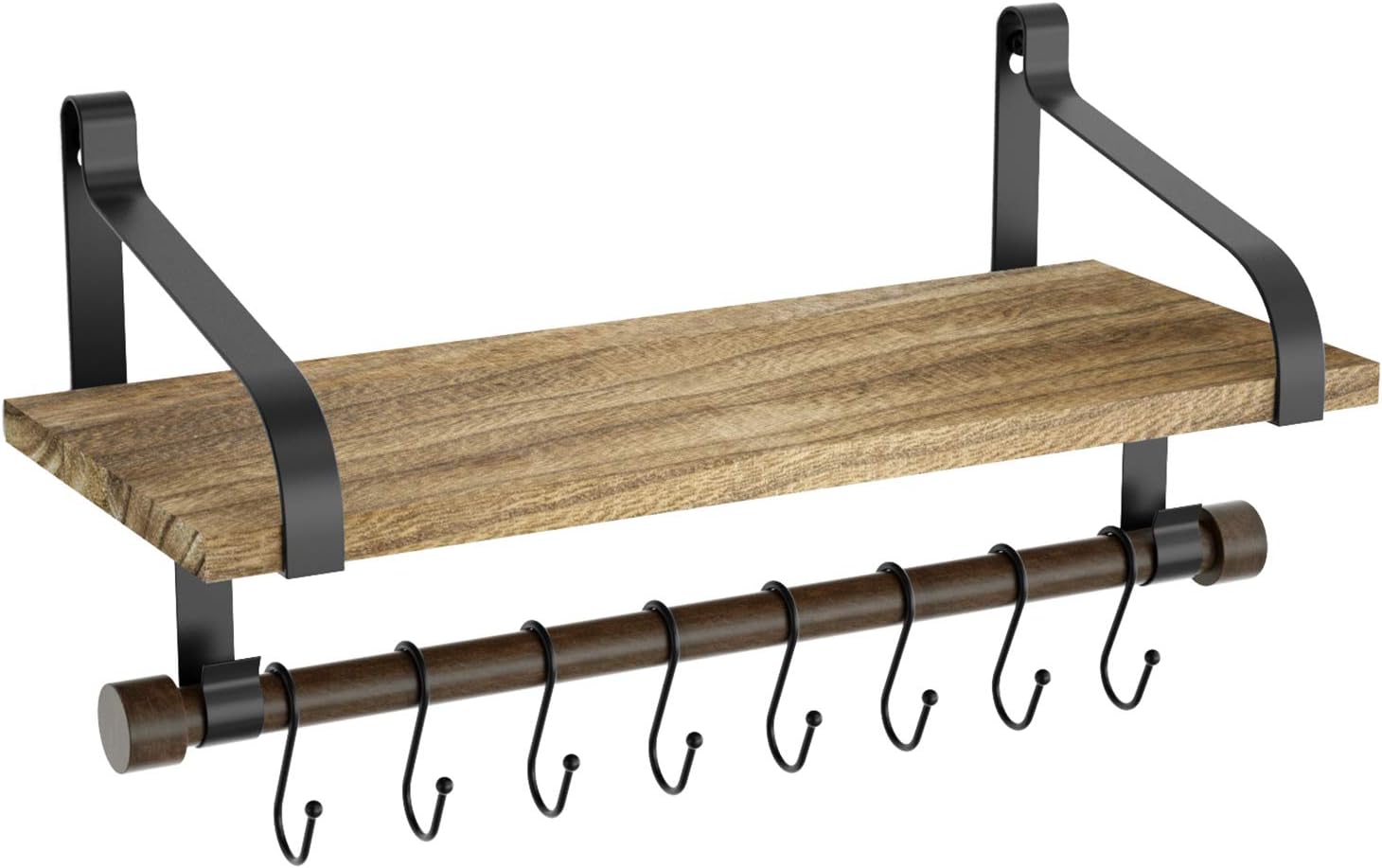 Love-KANKEI Floating Shelf Wall Shelf for Storage Rustic Wood Kitchen Spice Rack with Towel Bar and 8 Removable Hooks for Organize Cooking Utensils or Mugs Carbonized Black: Kitchen & Dining