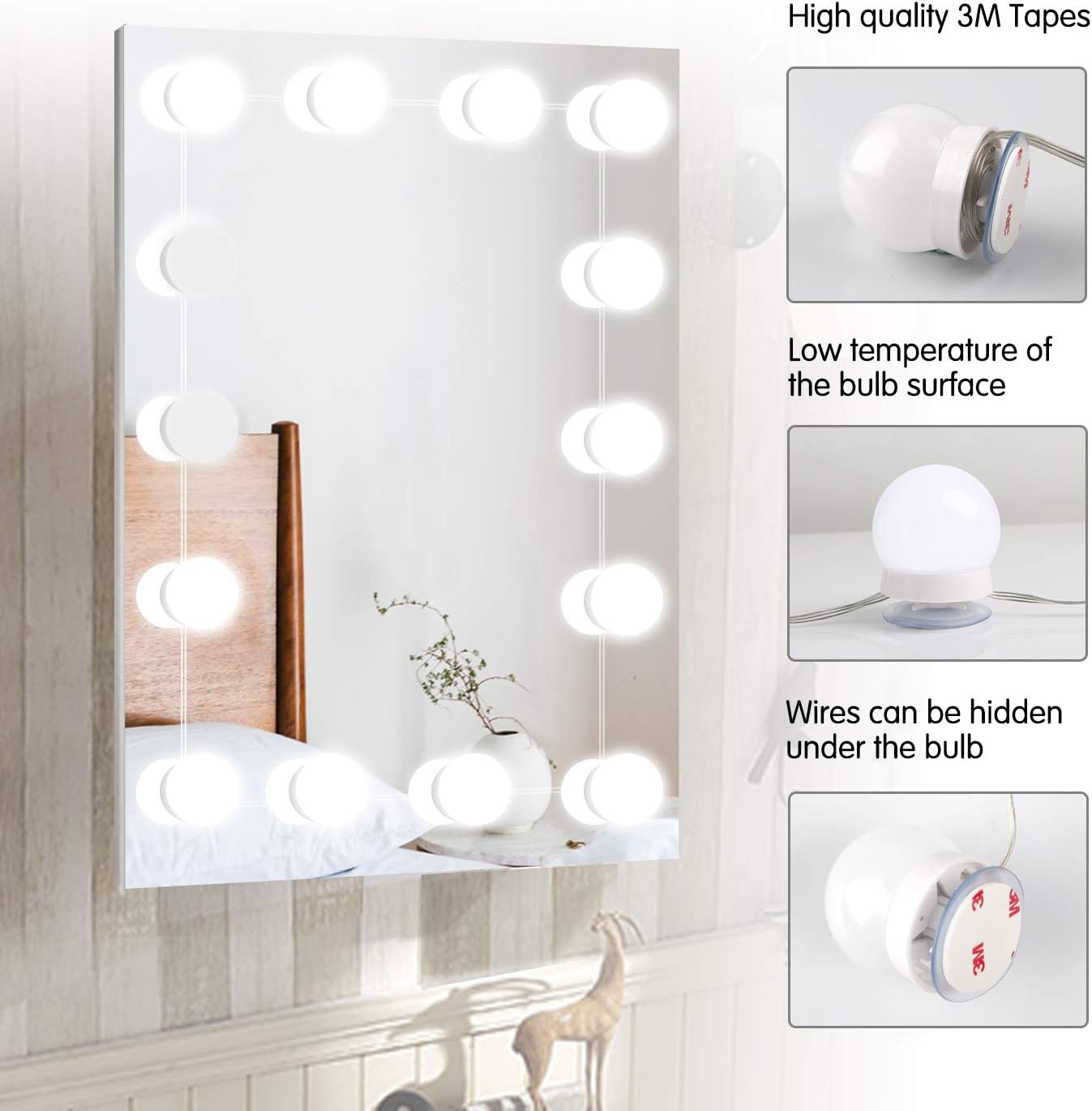 Hollywood LED Vanity Lights Strip Kit, with 14 Dimmable Light Bulbs for Full Body Length Mirror & Bathroom Wall Mirror, Plug in Mirror Lights with Power Supply, White (No Mirror Included): Home Improvement