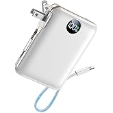 Portable Charger with Built in Cables & Wall Plug,10000mAh Power Bank, 4 Outputs,22.5W USB C Fast Charging,Slim Travel Essential Battery Pack with LED Display for iPhone 17/16/15/14 Series,White