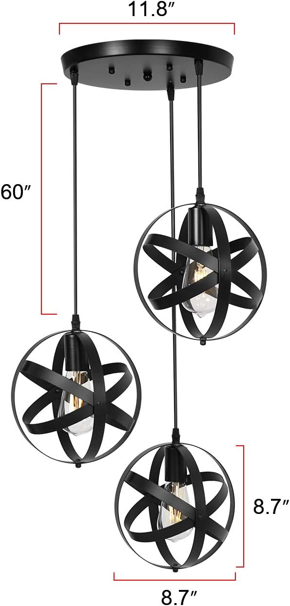 3-Light Black Pendant Lighting Farmhouse Globe Chandelier Rustic Hanging Lighting Fixture for Kitchen Island Dining Room Living Room Bedroom Foyer - - 