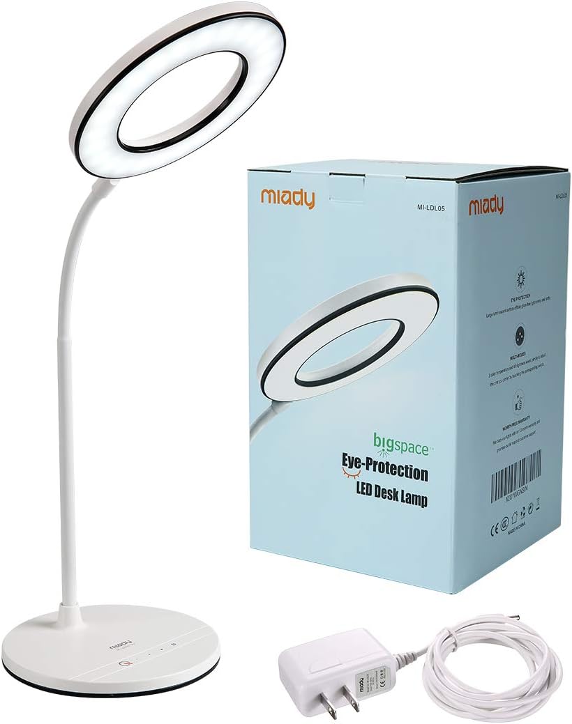 Miady LED Desk Lamp Eye-Caring Table Lamp, 3 Color Modes with 4 Levels of Brightness, Dimmable Office Lamp with Adapter, Touch Control Sensitive, 360° Flexible - - 