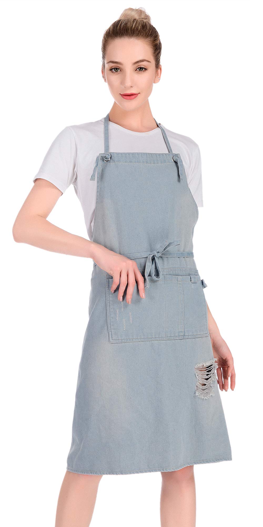 icaYre - Jeans Bib Aprons, 100% Cotton Apron with Pockets for Men and Women