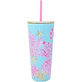 Lilly Pulitzer Double Wall Tumbler with Lid and Reusable Straw, Insulated Travel Cup Holds 24 Ounces (Royal Coral)