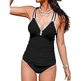 CUPSHE Women's Tankini Set Two Piece Bathing Suit Tummy Control Crisscross Back Tie Mid Rise Shell Stitched