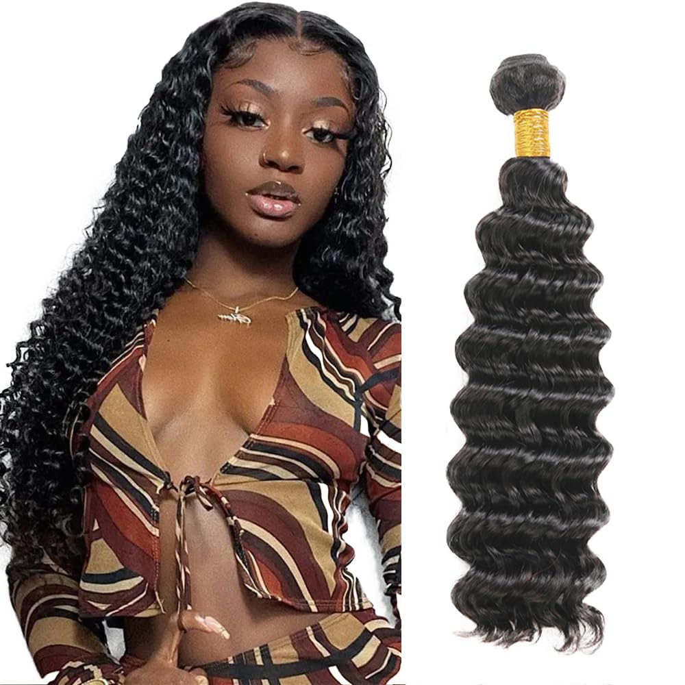 Zeslaerr Human Hair Bundles 1B Natural Color Weave Hair Bundles For Women Unprocessed Brazilian Virgin Human Hair Weave Weft Deep Wave No Tangle Baby Hair 1 Bundle 100g 18 Inch