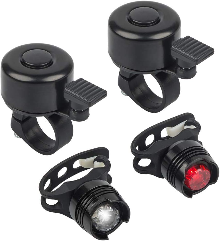 findTop Set of 4, Bike Bell and Micro LED Strap-On Front & Rear Bike Light, Aluminum Alloy Mini Bicycle Ring Bell (2 Pack) and 3 Light Modes, Water Resistant Bicycle Light (2 Pack, Red & White)
