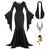 Mosong Adult Halloween Costume Set for Gothic Costume Women Retro Floor Length Black Dress Vampire Witch Costume