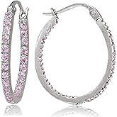 Sterling Silver Pink Cubic Zirconia Inside Out Oval Hoop Earrings, 20mm,25mm,30mm