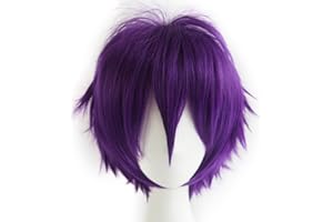 LABEAUTÉ Short Purple Wig Male Men Anime Fluffy Lavender Cosplay Wigs With Bangs Unisex Heat Resistant Hair for Party Halloween + Free Cap