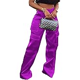 XZLUFNY Satin Cargo Pants for Women High Waist Multiple Pockets Wide Leg Trouser