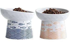 TAMAYKIM Tilted Ceramic Elevated Cat Bowls, Food and Water Raised Bowl Set for Kitty Cats and Small Dogs, Porcelain Elevated Stress Free Feeding Pet Bowl Dish, Set of 2