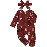 Userdefined Baby Girl Christmas Outfit Romper Onesie Candy Cane Print Footie Jumpsuit Baby Fall Winter Clothes (Red, 3-6 Months)