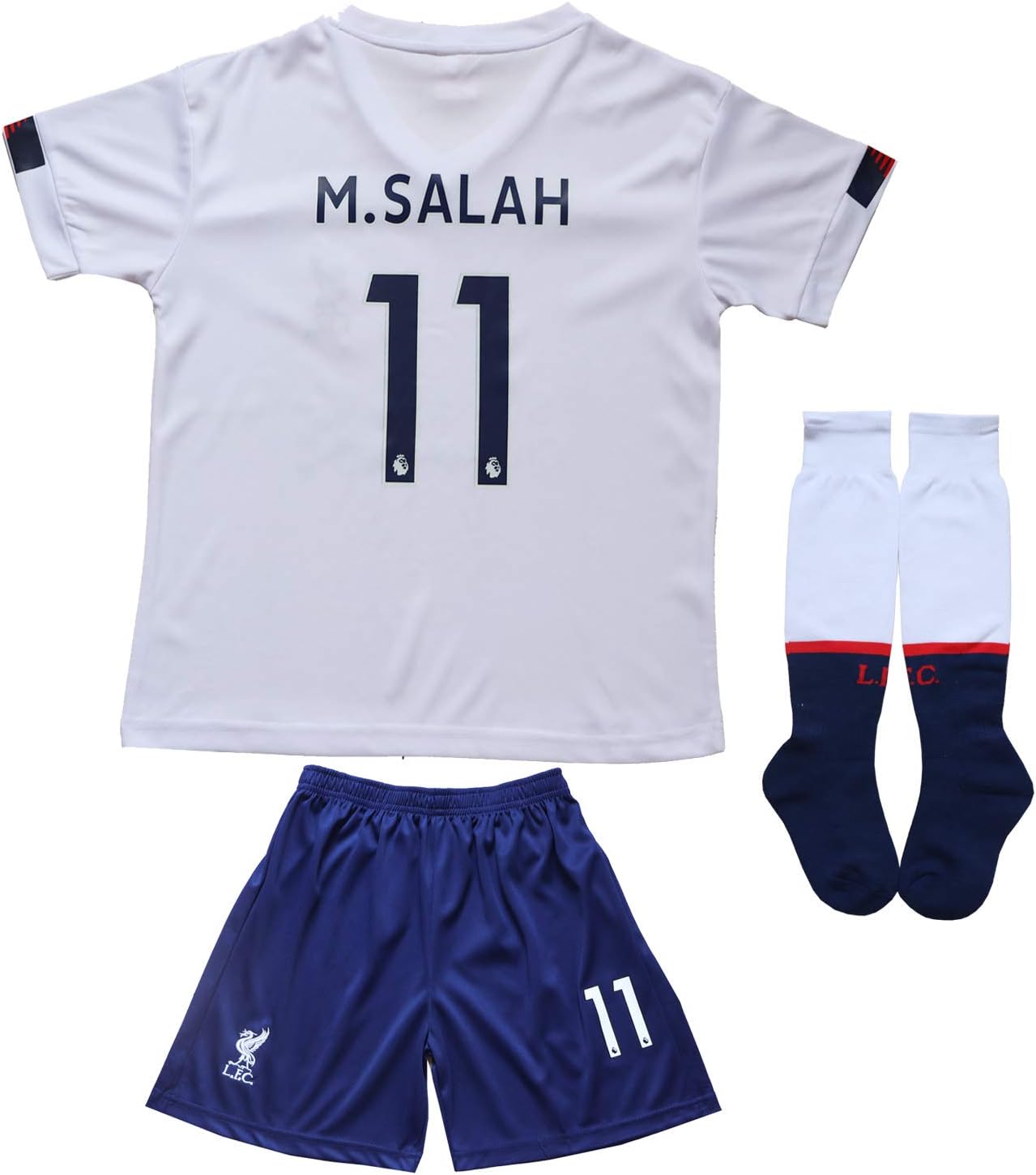 GamesDur Liverpool Mo Salah #11 Away White Kids Soccer Jersey Set Shirt Short Socks Youth Sizes (White, 2-3 Years (16))