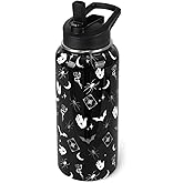 Goth Water Bottle with Straws Double Walled Vacuum Insulated Sports Bottle Goth Bats Travel Thermal Cup Leak Proof Stainless Steel Tumbler Witchy Decor Gifts-32 OZ