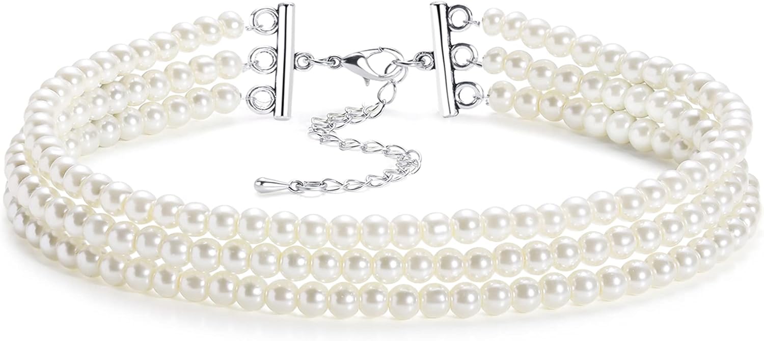 BABEYOND Round Imitation Pearl Choker Necklace Multi Strands Choker 20s Flapper Necklace Accessories for Party (3-layer): Clothing