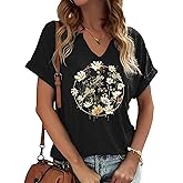 Boho Flowers V Neck Shirt for Womens Floral Wildflower Graphic Tee Short Sleeve Summer Casual Loose T Shirt Top