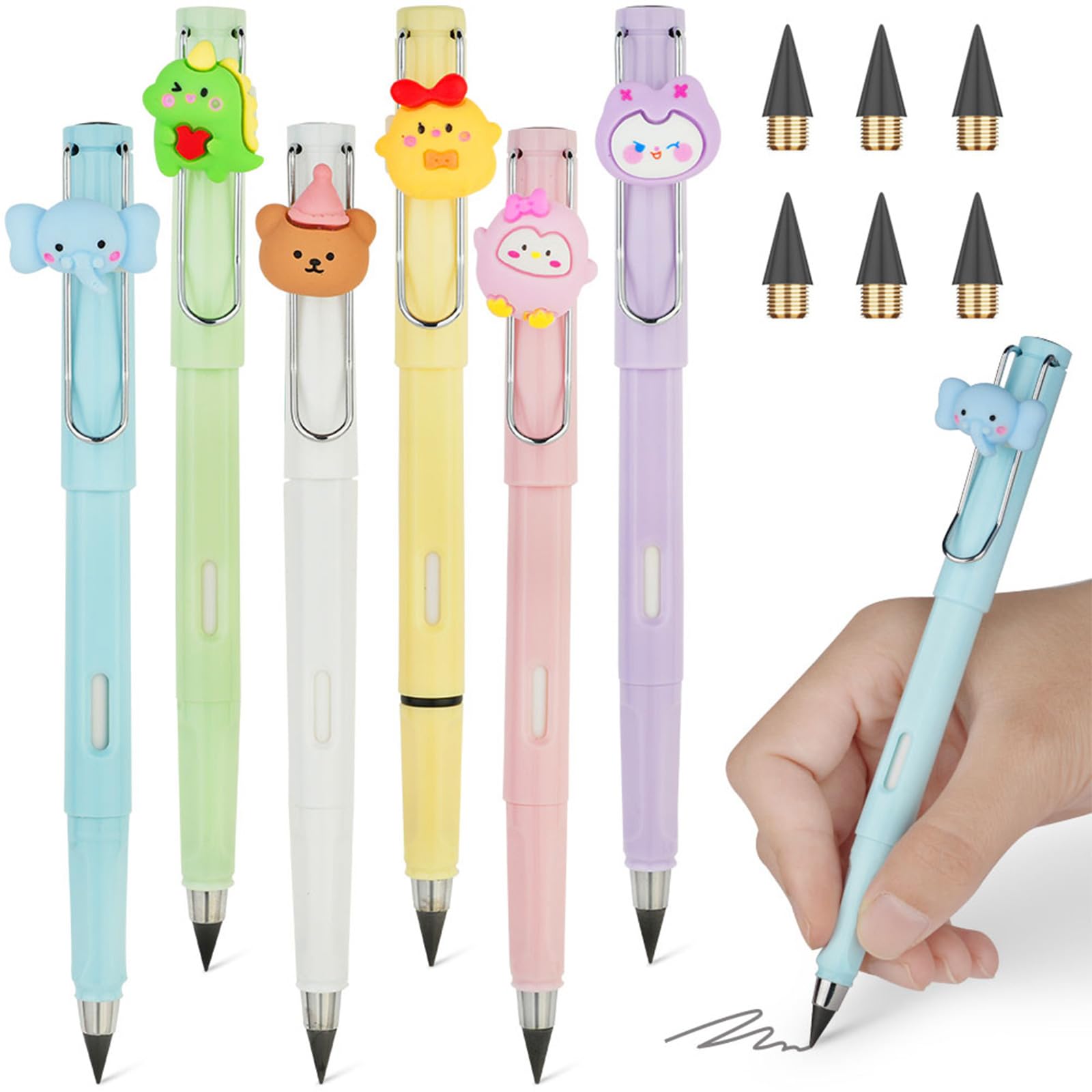 Ainiv 6 x Ink-Free Pencils, Portable Infinite Pencil, Reusable Refillable Nib Inkless Pencil with 6 Replaceable Tips for Writing Drawing at Home Office