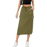 Women's Midi Cargo Skirt High Waist Drawstring Summer Slit Dressy Casual Skirts with Pockets