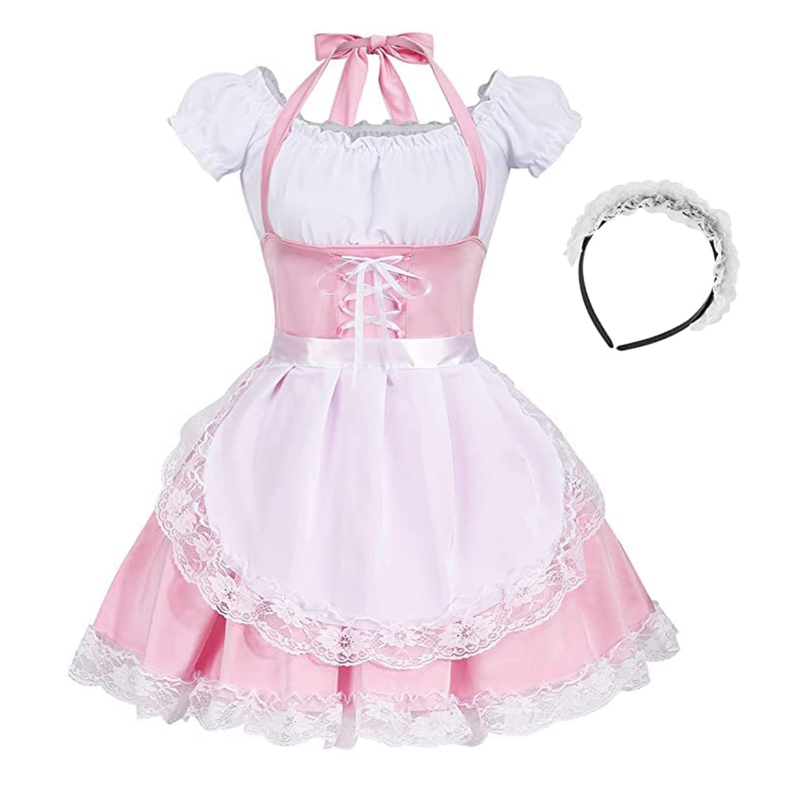 maxToonrain Maid Costume Women,Women's Halloween Costumes Cosplay Cute Party Fancy Dress French Maid Outfit Dress for Womens Girls(Pink4pc,M)