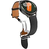 Spigen Enzo Genuine Leather Strap Designed for Samsung Galaxy Watch 7 44/40mm, FE 40mm, 6/5/4 44/40mm, Classic 6 47/43mm, 5 Pro 45mm, 4 Classic 46/42mm, 3 41mm, Active 1&2 Band - Black