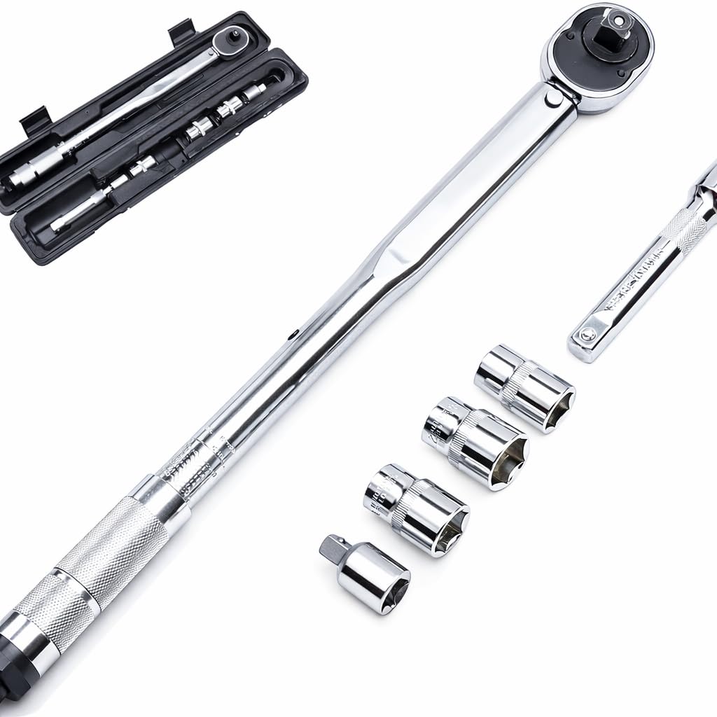 KATSU 1/2-Inch Drive Click Torque Wrench Socket Ratchet Handle 28-210Nm with 17 19 21mm Sockets + 1/2 Inch to 3/8 Inch Adaptor + 125mm Extension Bar 423900