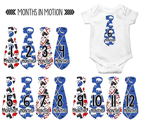 Months In Motion Monthly Baby Tie Stickers - Boy Month Milestone Necktie Sticker - Onesie Month Sticker - Infant Photo Prop for First Year - Shower Gift - Newborn Keepsakes - Hockey