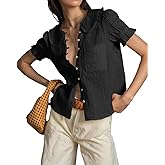 Skoinvb Womens Peter Pan Collar Shirt Short Puff Sleeve Button Down Blouse Tops 2025 Summer Casual Stripped Shirts