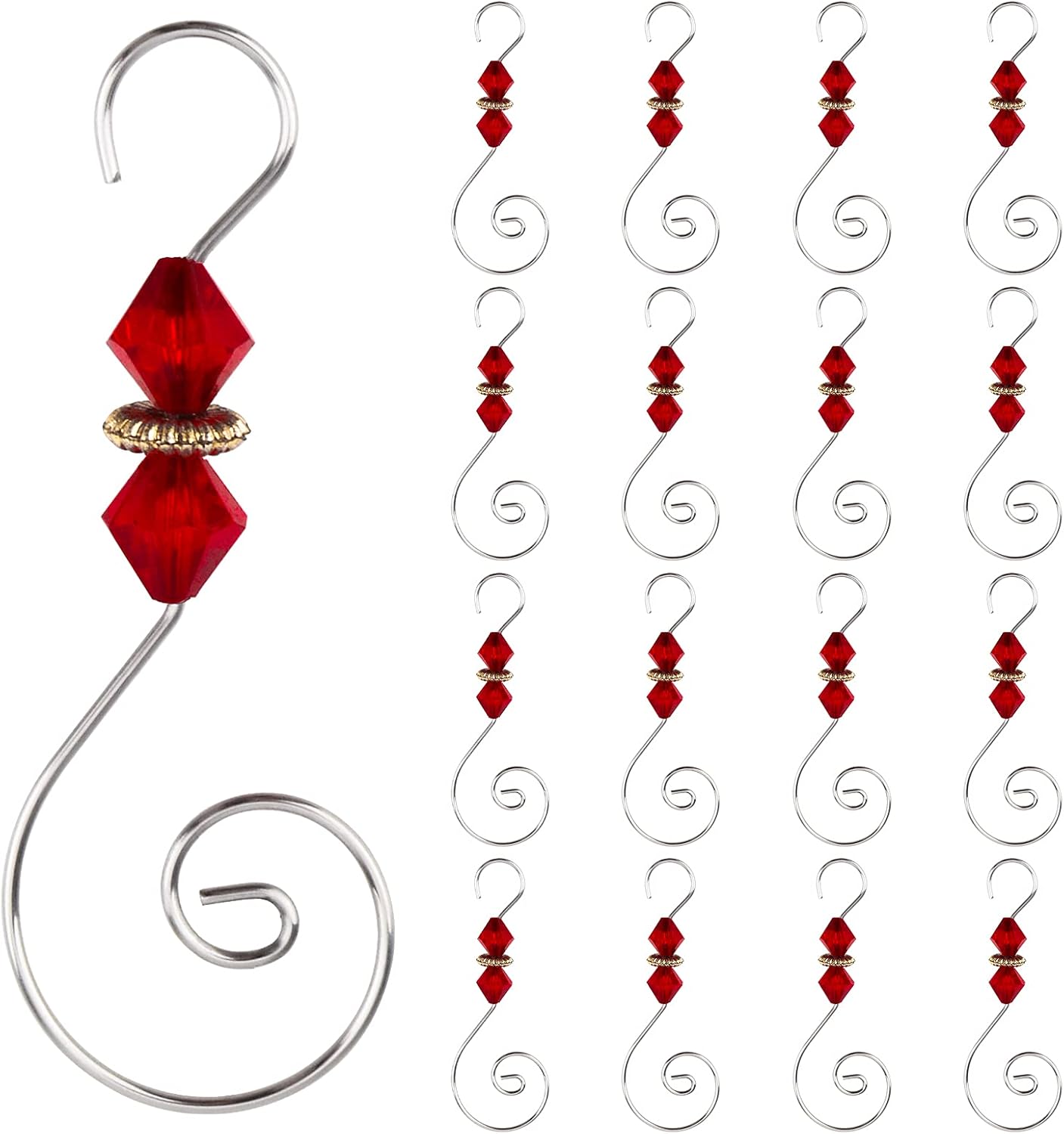Ornament Hooks - INCREWAY Wire Ornament Hooks, 30 Pcs Silver S-Shaped Christmas Tree Hanger Hooks Metal Decoration Hooks with Red Rhombus Crystal Beads for Party, Home Decor (Silver Hook & Red Bead)