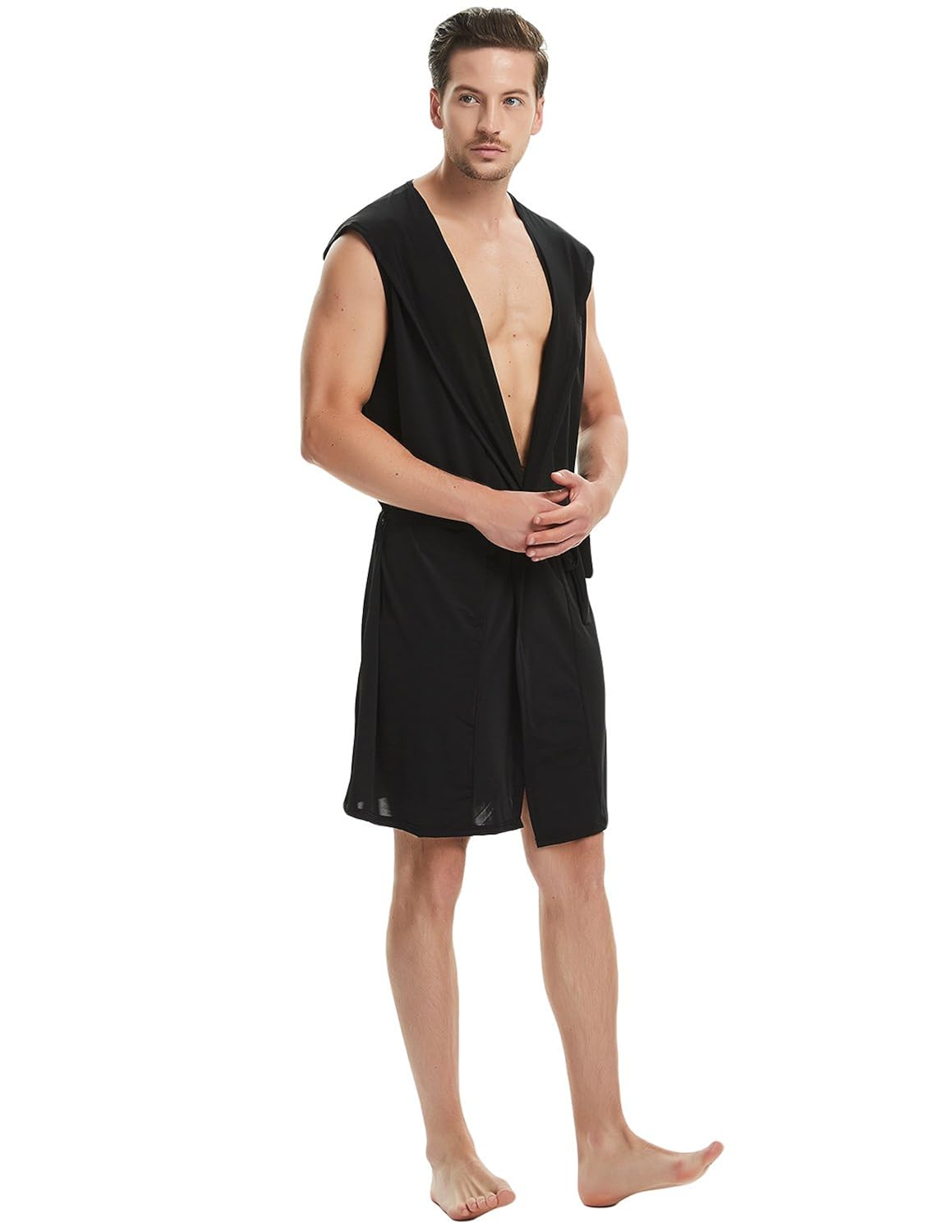 Robes Haseil Mens Silk Kimono Bathrobe Hooded Sleeveless Open Front