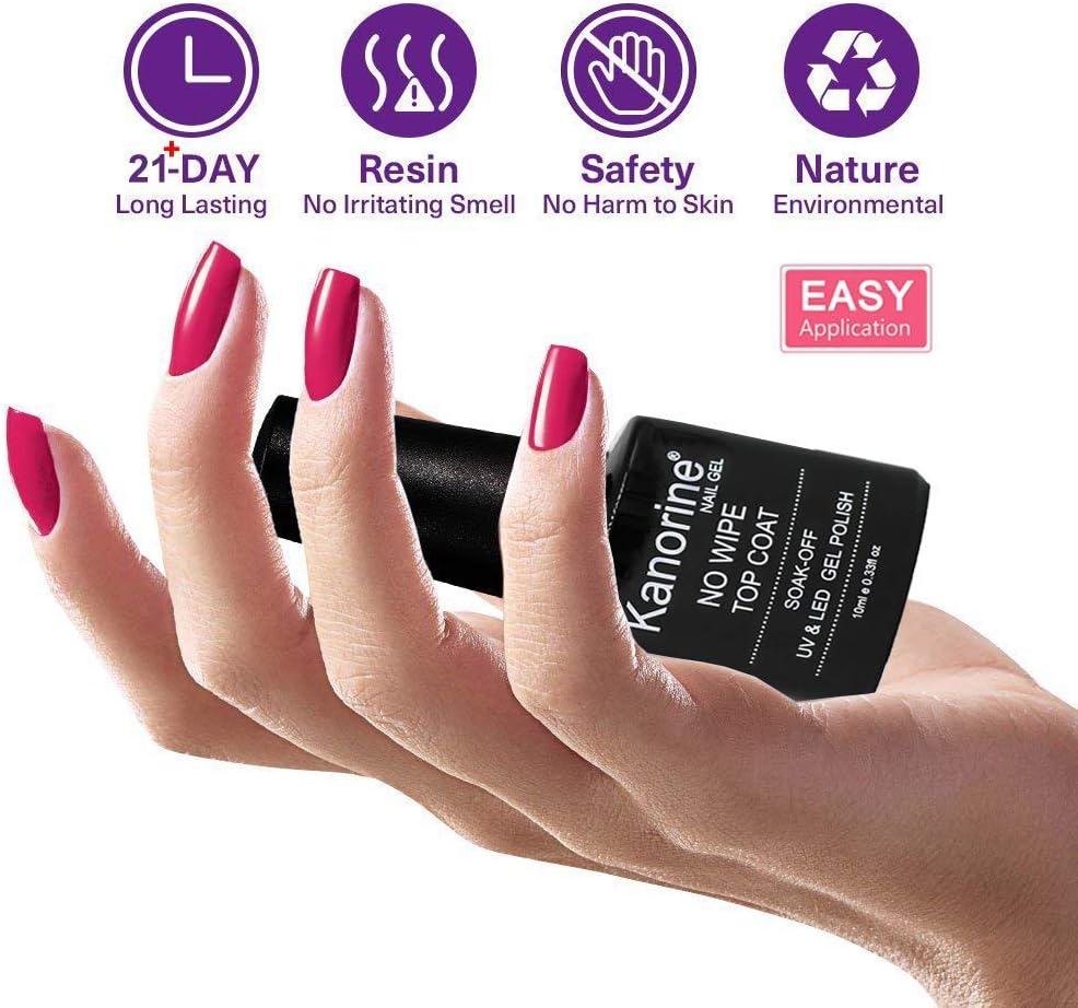 Kanorine No-Wipe Top and Base Coat Gel Nail Polish Set Soak-Off UV/LED Gel Nail Lacquer Long-Lasting Gloss and Shiny Finish- 2 x 10ml : Beauty
