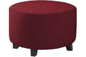 Aliuciku Round Ottoman Cover, Stretch Jacquard Footstool Slipcover Washable Ottoman Cover Removable(Claret,X-Large)