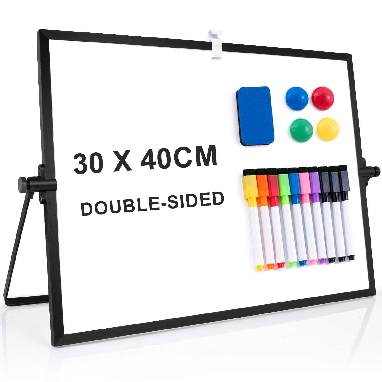 ARCOBIS Dry Erase White Board for Desk, 40X30cm Small Magnetic Desktop Whiteboard with Stand, 10 Markers, 4 Magnets, 1 Eraser, Double-Sided White Board Easel for to Do List School Black