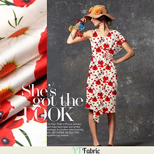 White Stretch Silk Satin Fabric with Daisy and Poppy Pattern By The Yard