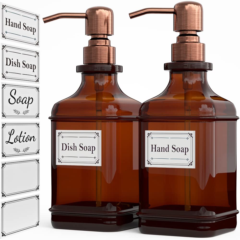 Photo 1 of GLADPURE Soap Dispenser 2 Pack, Hand Soap Dispensers with 18 Oz Antique Design Thick Amber Glass Bottle, 316 Rust Proof Stainless Steel Pump, 6Pcs Stickers, for Lotion, Soap - Brushed Copper