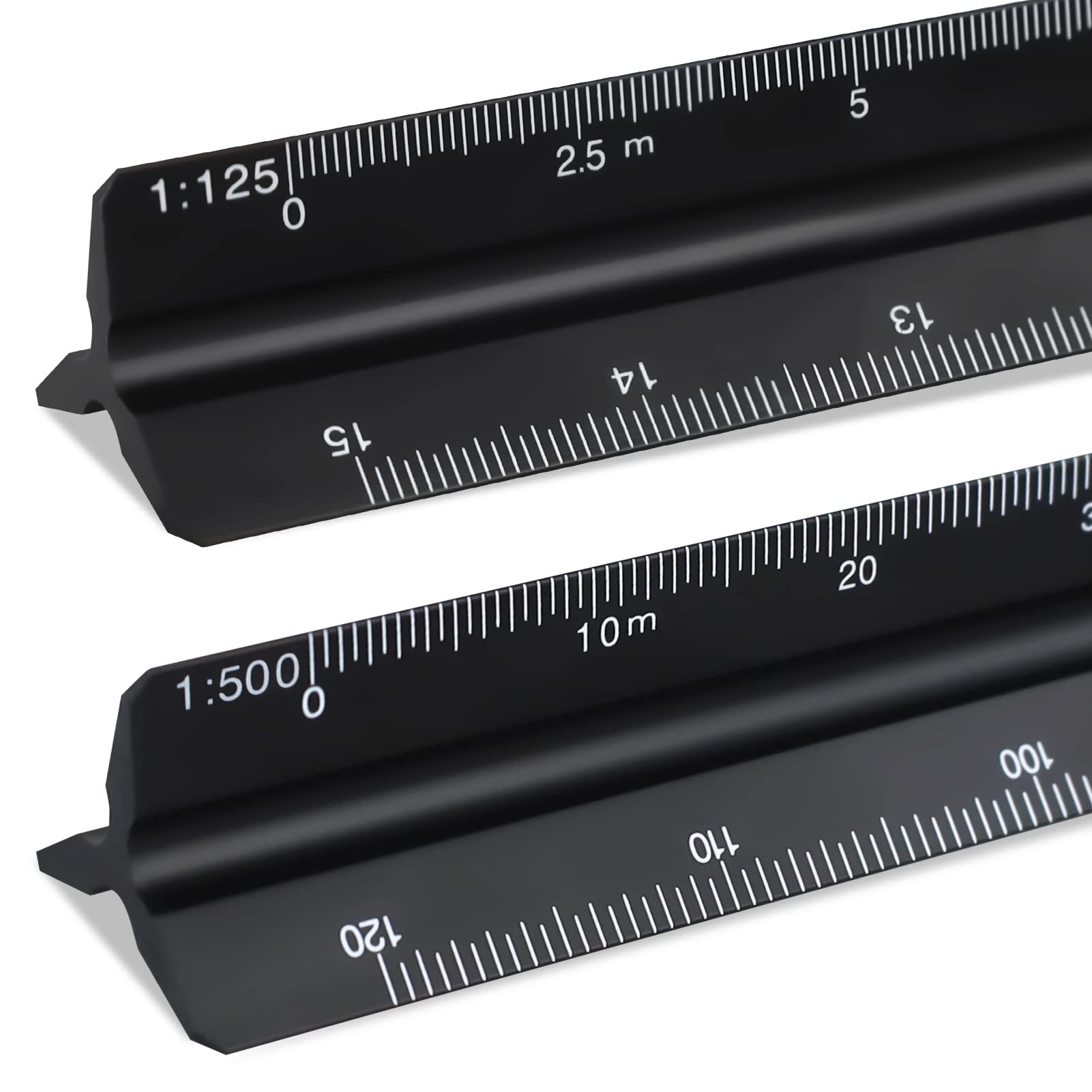HXMJIED 2Pcs Architectural Scale Ruler, Black Aluminum Triangular Scale Ruler 30cm, Metal Ruler for Architects Metric 1:20, 1:25, 1:50, 1:75, 1:100, 1:125 and 1:100, 1:200, 1:250, 1:300, 1:400, 1:500