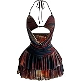 SOLY HUX Women's Tie Dye Halter Mini Dress Draped Backless Sleeveless Ruffle Layered Club Party Going Out Dresses